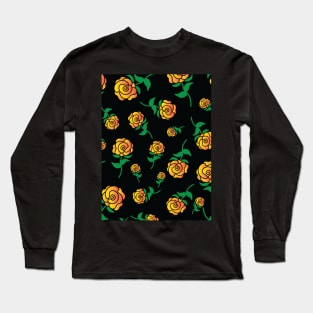 Orange Yellow Gradient Hand Drawn Roses Pattern Long Sleeve T-Shirt